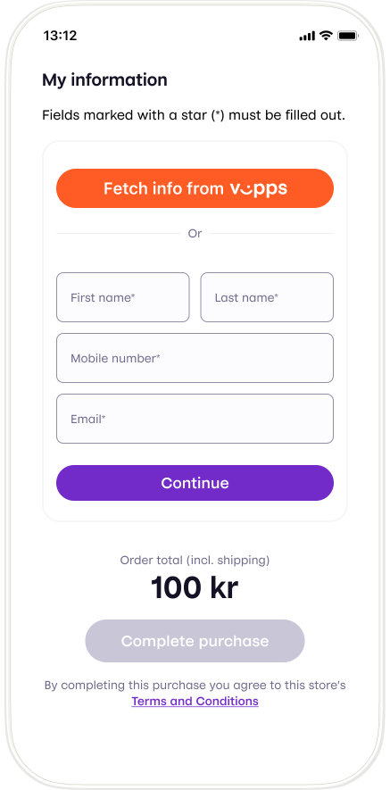 Vipps app with address field form with option to Fetch