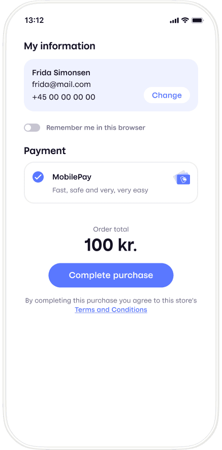 MobilePay app with address shown and completion button