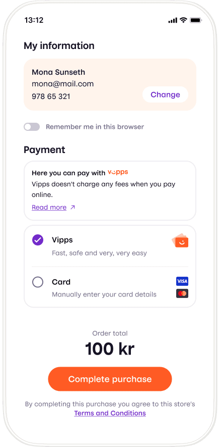 Vipps app with address shown and completion button