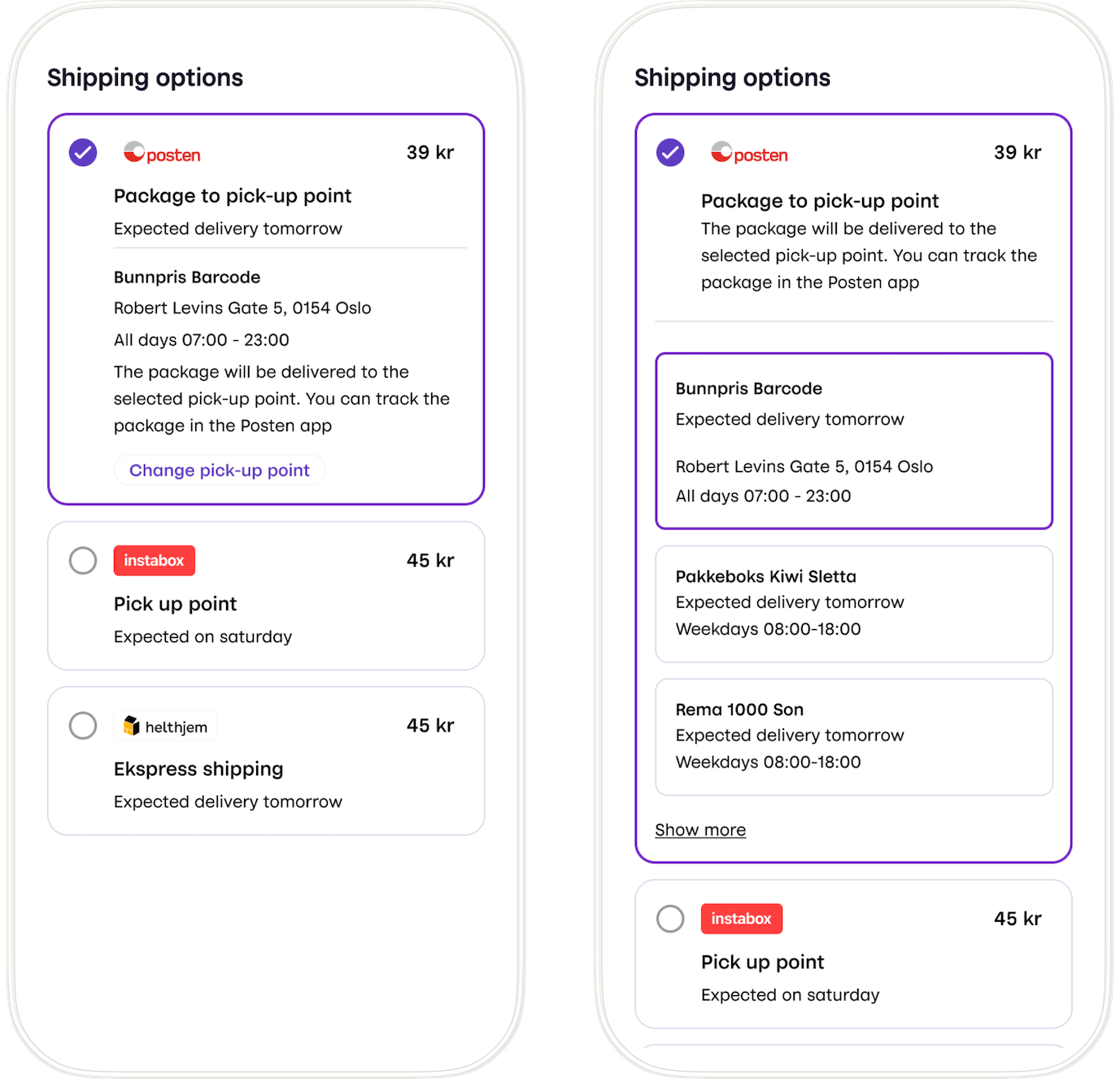 Vipps shipping options with pickup points