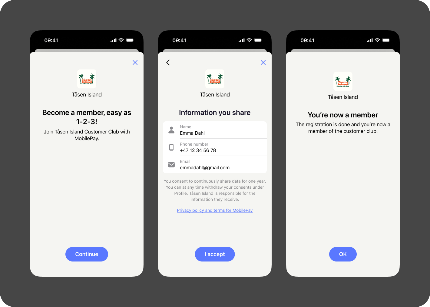 Login completion confirmation in MobilePay app