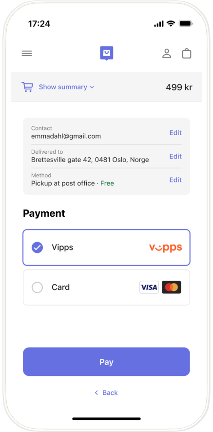 Pay with Card or Vipps
