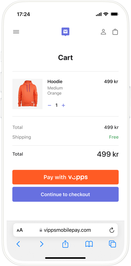 Select to pay with Vipps from online shop