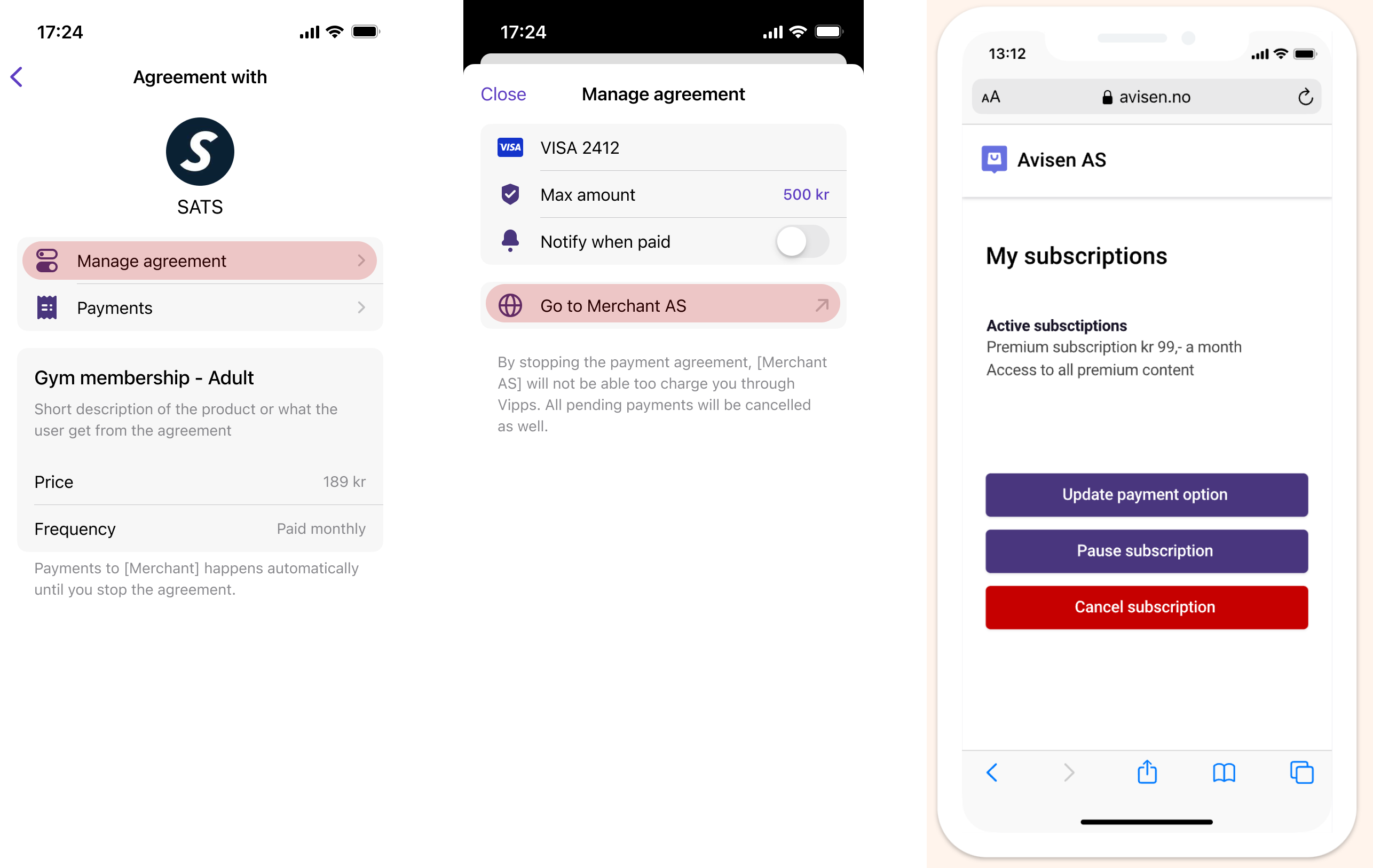 Cancel agreement in the merchant site