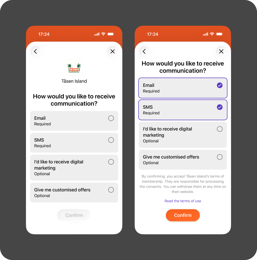 User sees confirmation of marketing consents with Vipps colors