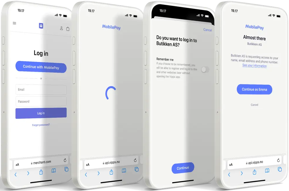MobilePay login screens