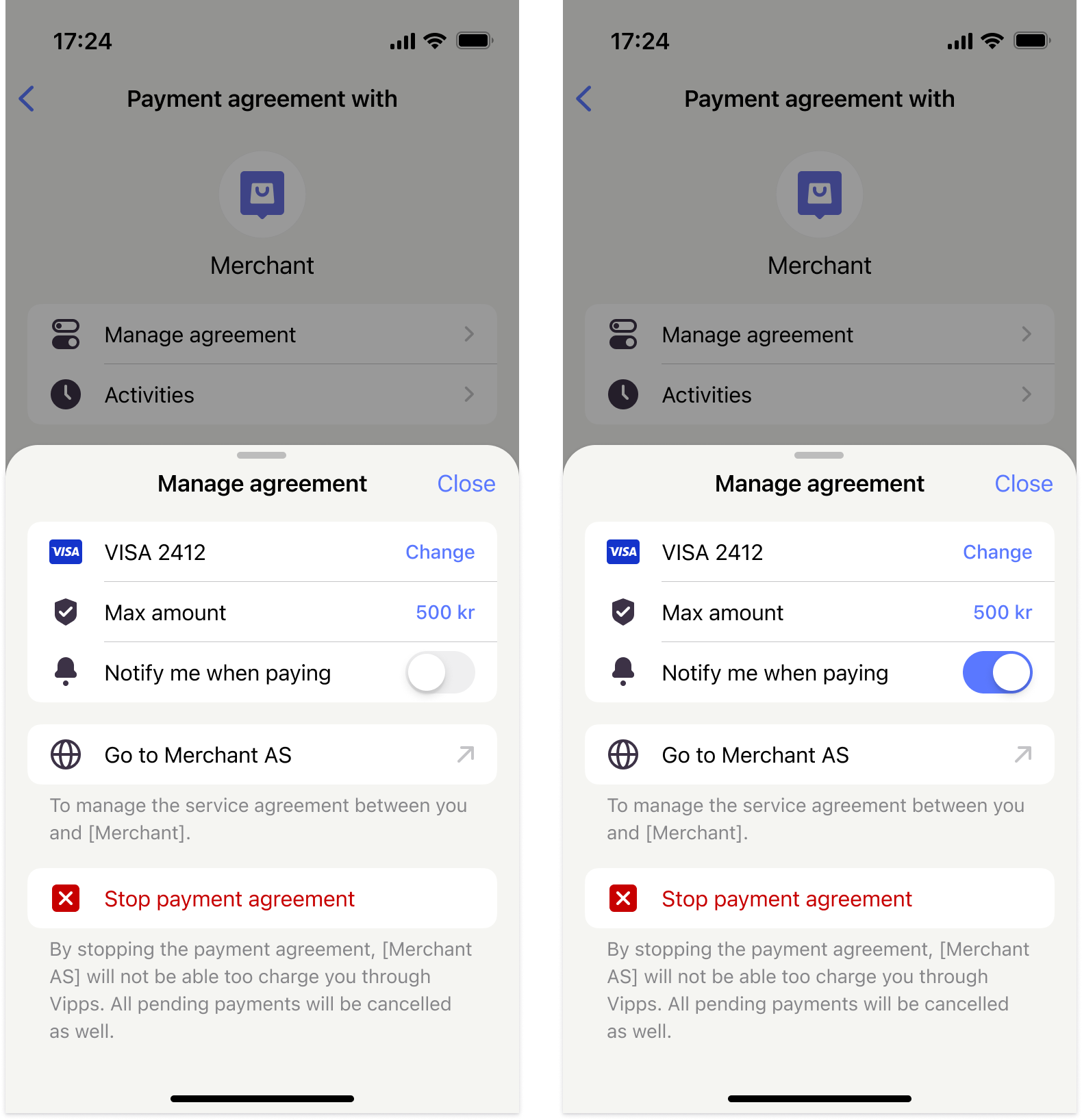 Toggle notifications upon payment in MobilePay