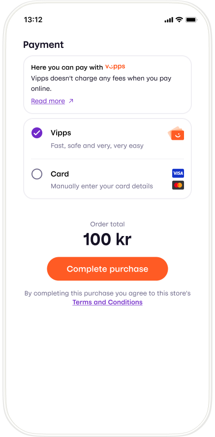 Checkout screen where customer can select to pay with Vipps or a card