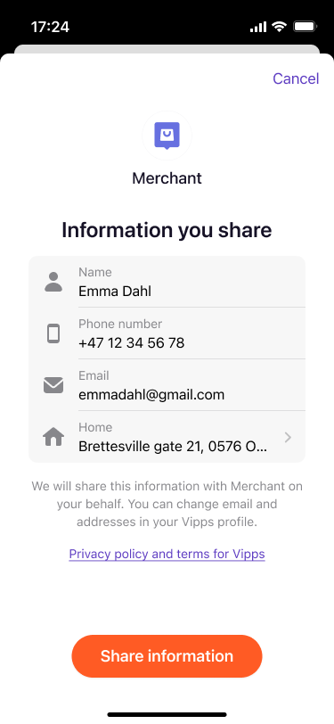User information consent screen in Vipps